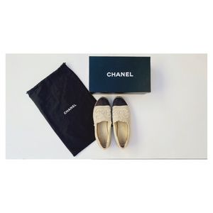 CHANEL Wmn's Espadrilles Linen Beige Black Size 38